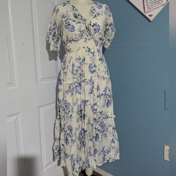 By The River Floral Ruffled V-Neck Midi Dress in Cream and Lavender - Picture 2 of 6